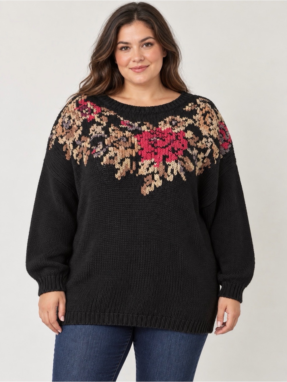 Together Black Crewneck Sweater with Pink and Tan Floral Yoke